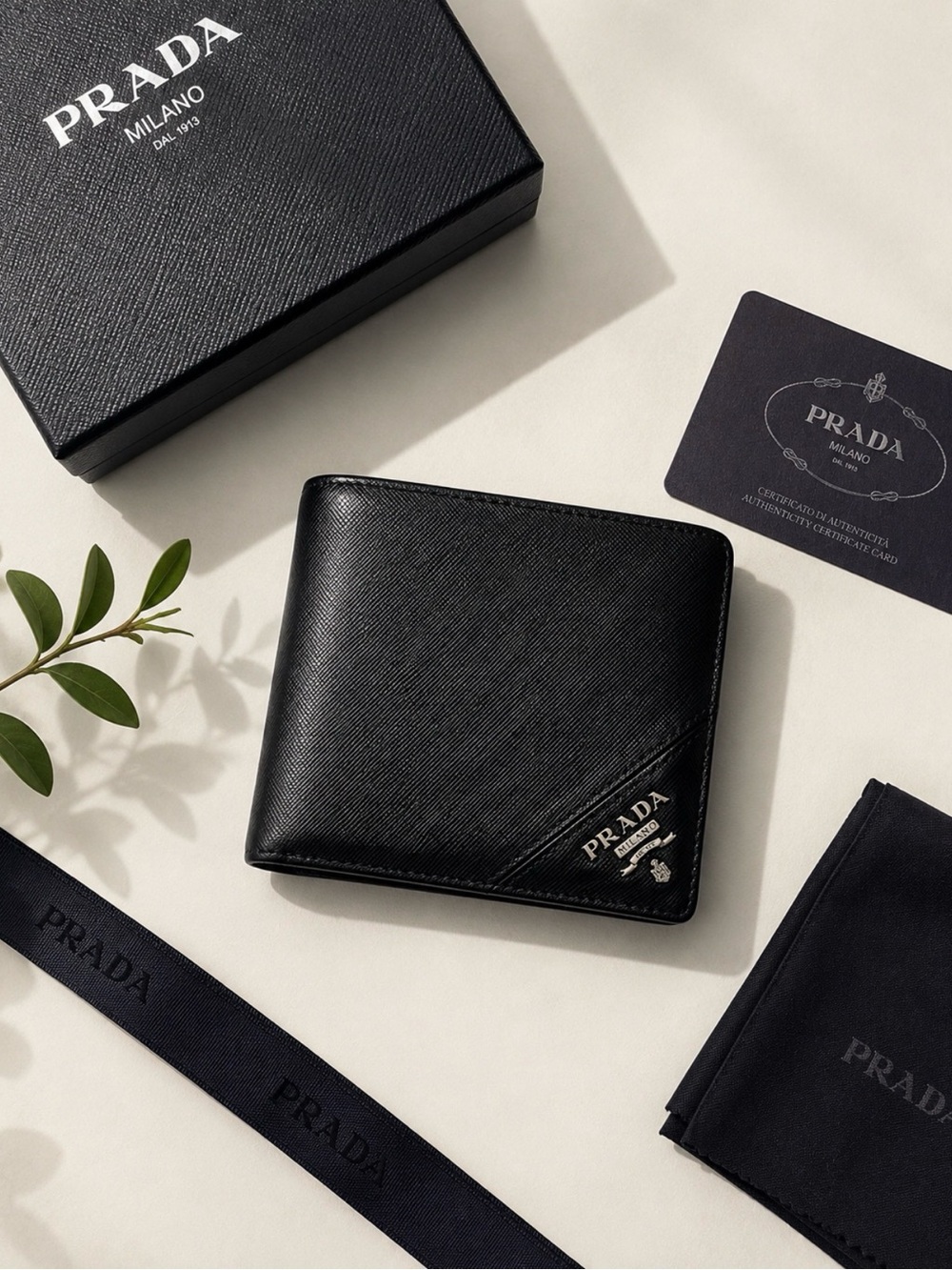 PRADA SAFFIANO LEATHER BLACK LOGO BIFOLD WALLET COIN PURSE MEN’S